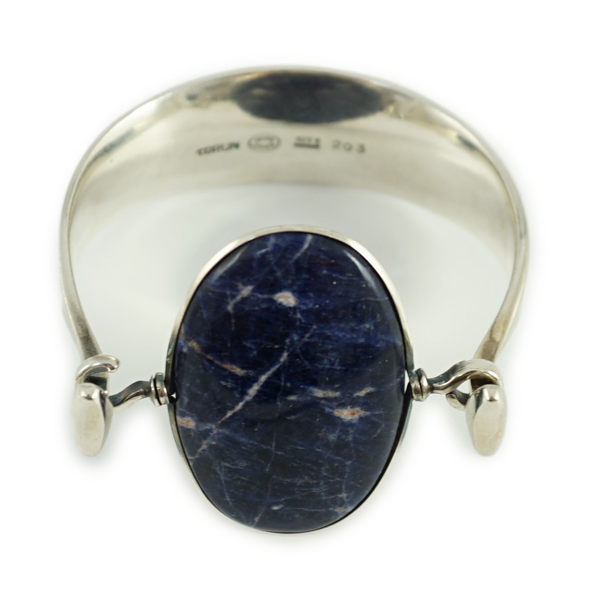 A Vivianna Torun for Georg Jensen sterling silver and oval cabochon lapis lazuli set bangle